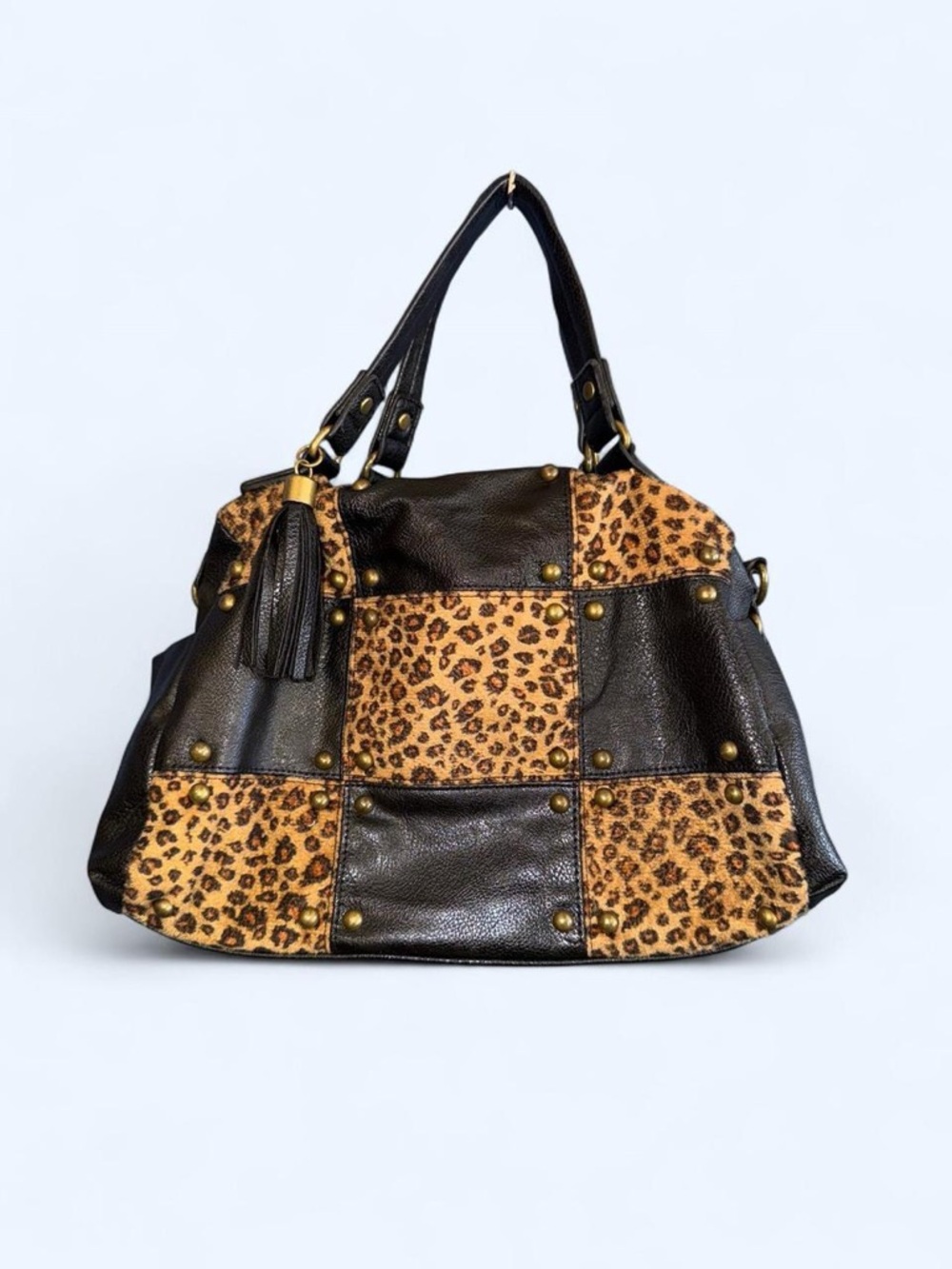 Leopard Patchwork Tote Handbag in Black and Tan